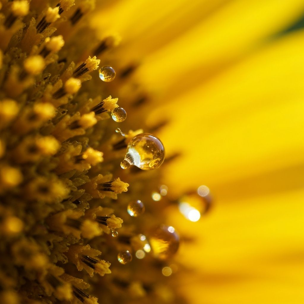 Gotas de miel en flor de girasol - macrofotografía